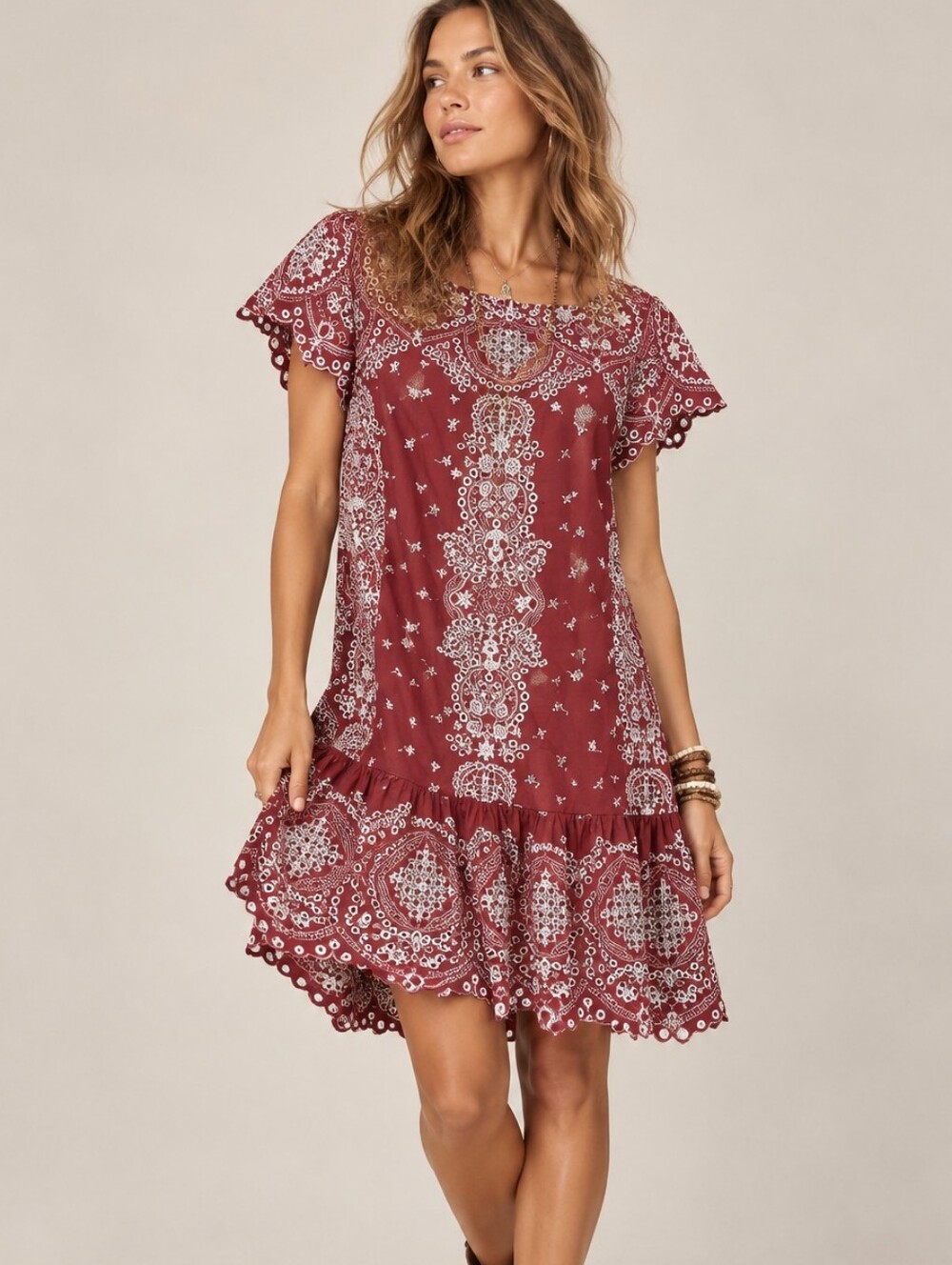 FEATHER BONE Anthropologie Ynez Eyelet Ruffle Hem Mini Dress Rust Red Blue Grey